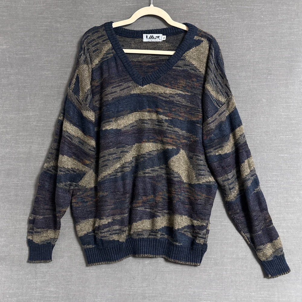 Vintage Lavane NY Sweater XL Blue Beige Abstract Grandpa 3D V Neck 90s y2k‎ USA